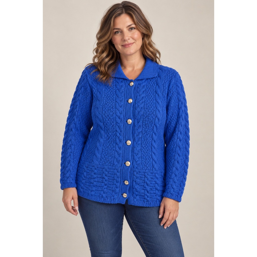 Aran Crafts Irish Knit Cardigan Sweater Womens L Blue Merino Wool Cable Knit
